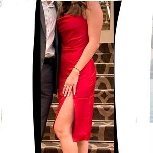 RED SATIN COWL NECK MIDI DRESS WITH SLIT